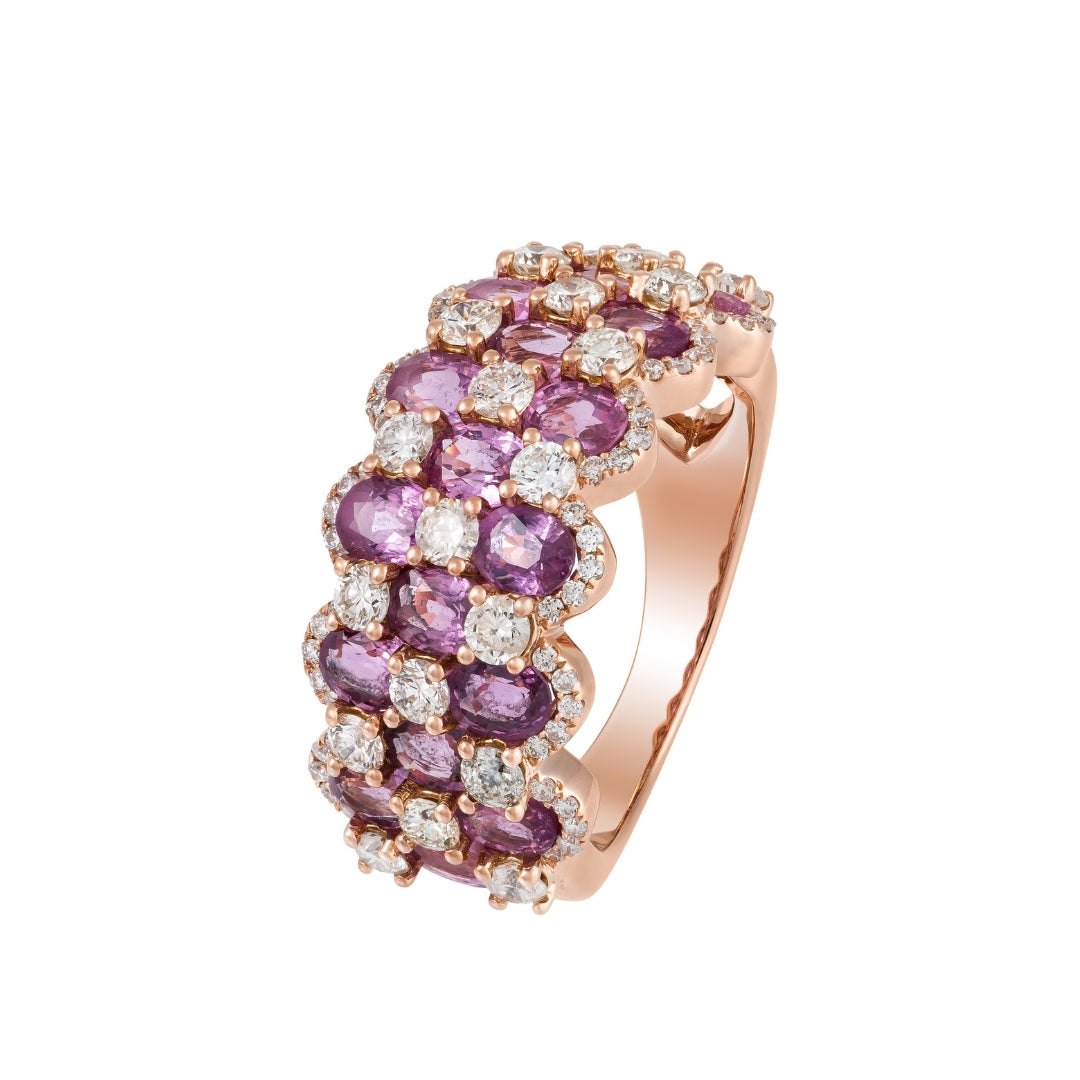 Anel Safiras Rosas e Diamantes