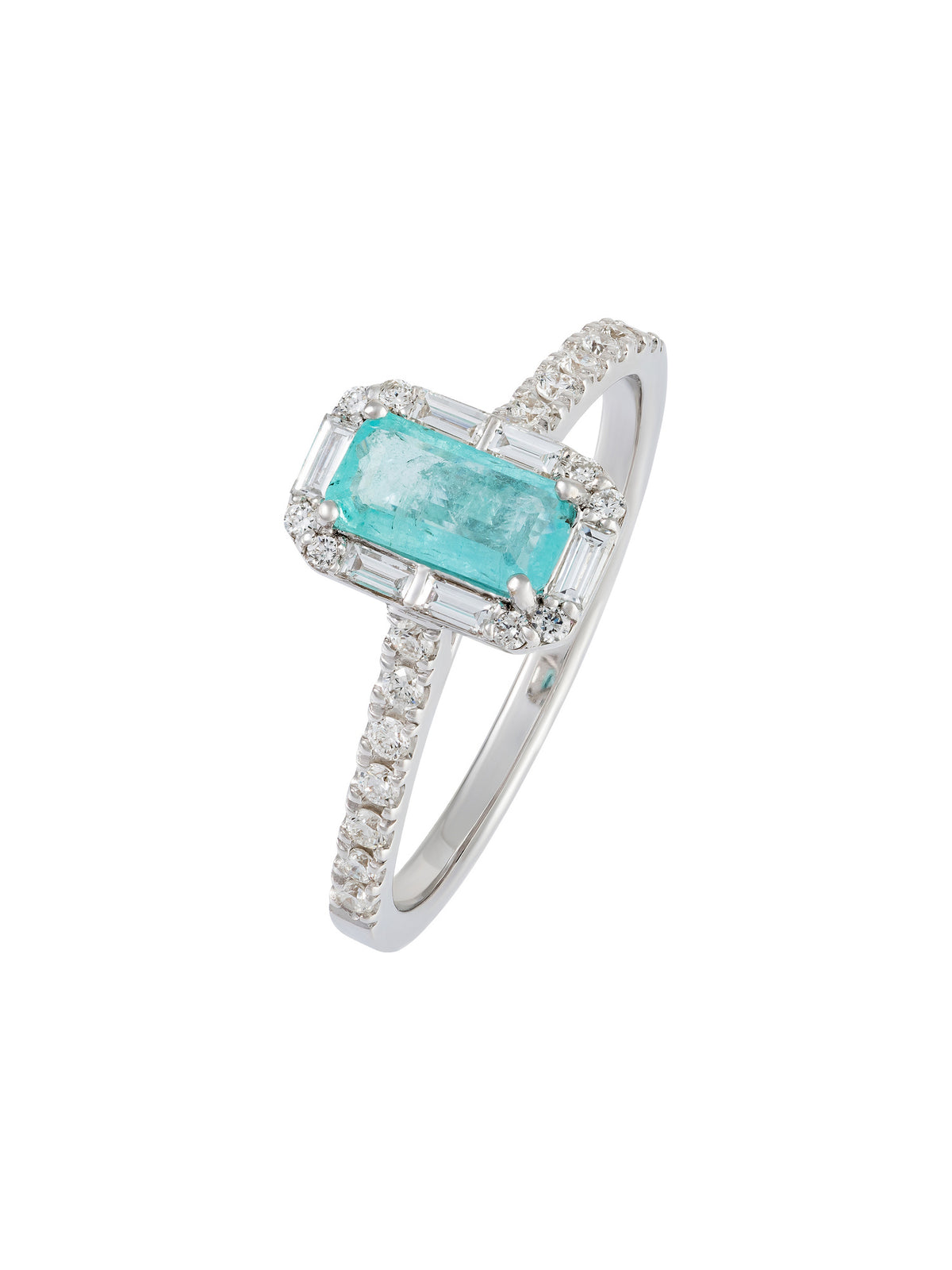 Anel Geometric em Ouro Branco com Turmalina Paraíba e Diamantes