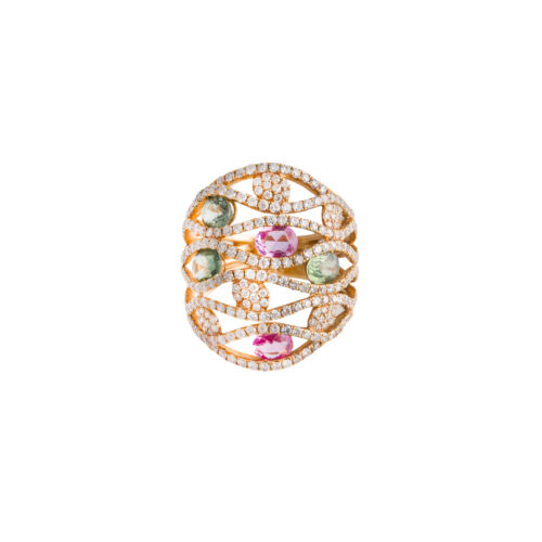 Anel Trama em Ouro Rosé 18k com Safiras Coloridas e Diamantes